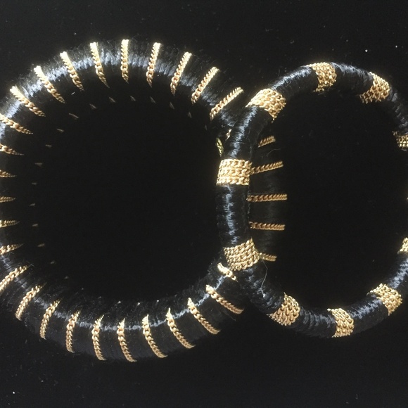Cara NY Set of 2 Black Ribbon & Gold Chain Bangle Bracelets/1 1/2" & 3/8" Wide - Picture 2 of 4
